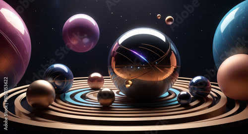 A modern, minimalist vector design featuring geometric shapes and patterns inspired by cosmic elements spheres as planets, with lines and curves symbolizing celestial bodies