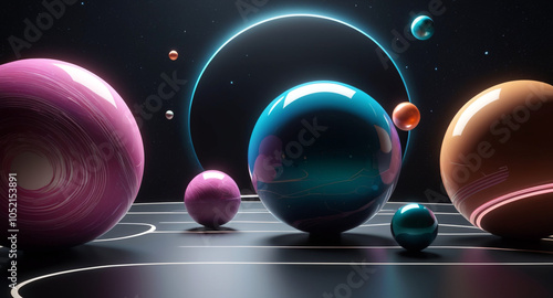 A modern, minimalist vector design featuring geometric shapes and patterns inspired by cosmic elements spheres as planets, with lines and curves symbolizing celestial bodies