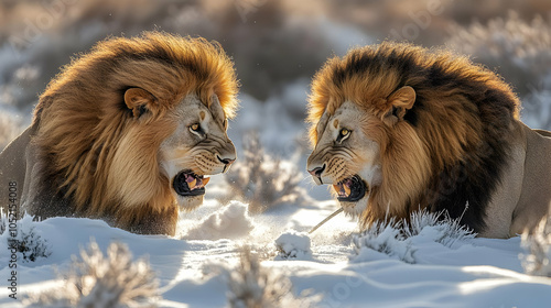 Two Lions Facing Off in the...