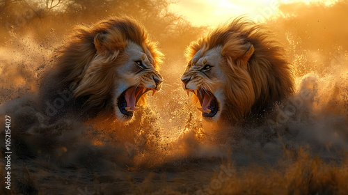 Two Lions Roaring at Each O...