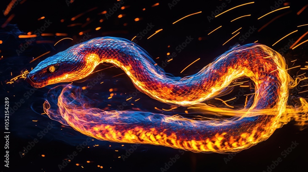 Fototapeta premium Ethereal Snake Made Entirely of Flowing Fire, Its Body Composed of Dancing Flames That Swirl as It Approaches the Camera, Radiating Intense Shades of Orange, Red, and Blue at the Hottest Points