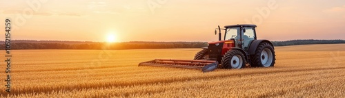 A vibrant sunset casts golden light over a field while a tractor harvests wheat, showcasing agricultural life and productivity.