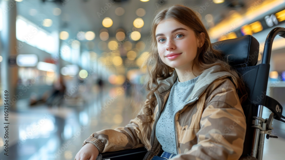 young woman sits in a wheelchair wearing headphones and listening to music. young woman sits in a wheelchair wearing headphones and listening to music.