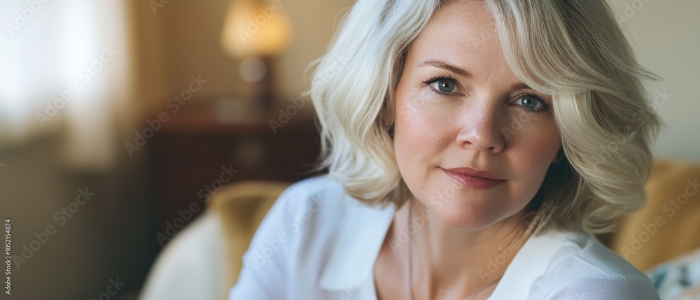 Headshot Portrait of Pretty Blonde Woman Gazing at Camera Sitting Alone on Sofa Enjoying Pleasant Weekend at Home Showcasing Serene Expression Headshot Portrait of Pretty Blonde Woman Gazing at Camera Sitting Alone on Sofa Enjoying Pleasant Weekend at Home Showcasing Serene Expression