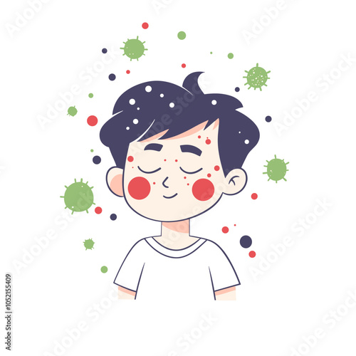 vector face covered with red spots, skin disease on white background.Generative AI