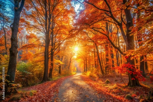 Sunlit Autumn Forest Path with Vibrant Leaves and Golden Morning Glow for Nature Lovers