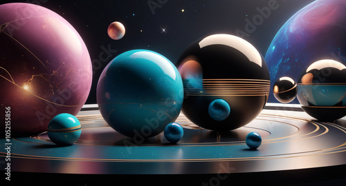 A modern, minimalist vector design featuring geometric shapes and patterns inspired by cosmic elements spheres as planets, with lines and curves symbolizing celestial bodies