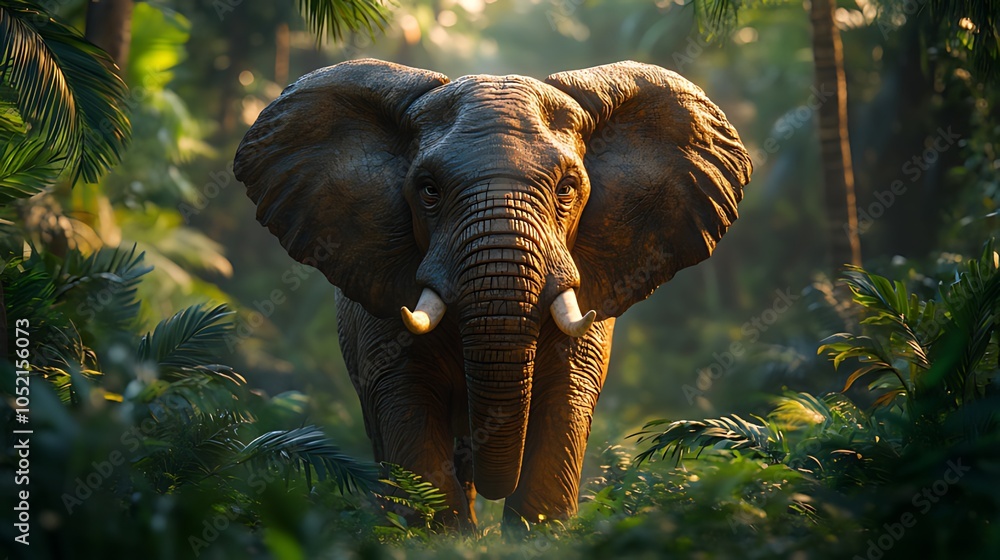 Fototapeta premium A large African elephant stands in a lush jungle, its trunk raised and its eyes focused on the viewer. The sunlight filters through the trees, creating a warm glow.