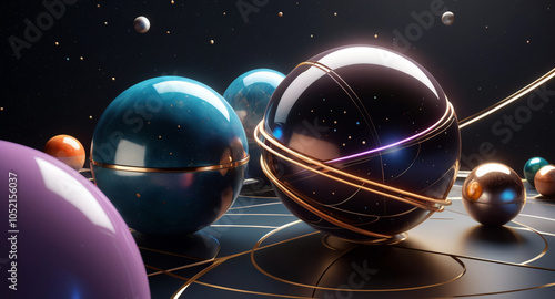 A modern, minimalist vector design featuring geometric shapes and patterns inspired by cosmic elements spheres as planets, with lines and curves symbolizing celestial bodies