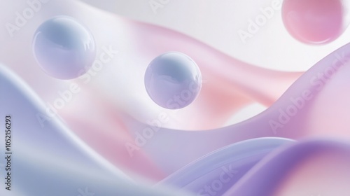 Soft pastel-colored curved lines gently interacting with floating 3D spheres on a light background.