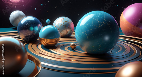 A modern, minimalist vector design featuring geometric shapes and patterns inspired by cosmic elements spheres as planets, with lines and curves symbolizing celestial bodies