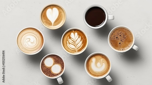 Overhead view of seven coffee cups with various types of coffee, including black coffee, latte art and cappuccino on a neutral background.