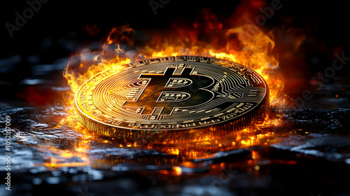 Bitcoin Coin in Flames 3D I...