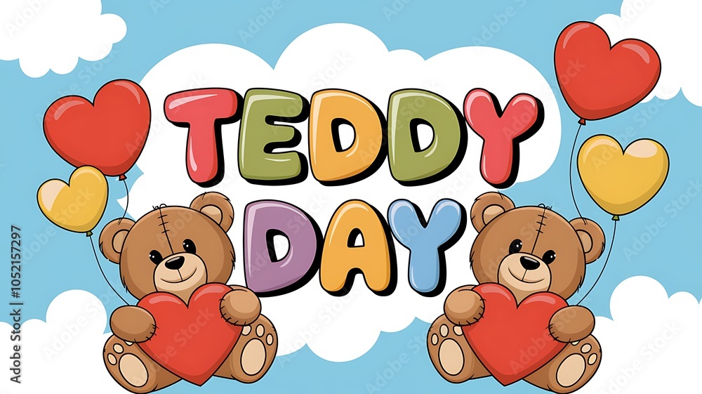 Obraz premium Two Teddy Bears Holding Hearts with Balloons in the Sky