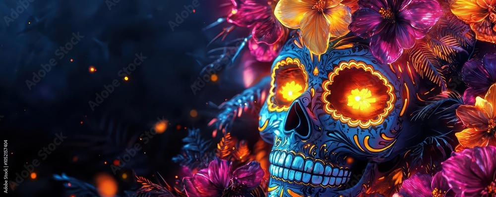 Fototapeta premium Vibrant sugar skull with neon yellow and magenta flowers, glowing dark background