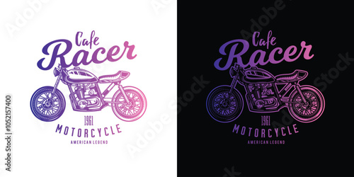 Cafe racer custom motorcycle. Original vector illustration in vintage style isolated on white background. T-shirt design.