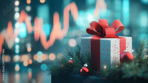 Festive gift box with red bow atop pine branches, set against blurred background of stock market chart and holiday lights, capturing holiday spirit in finance world. photo