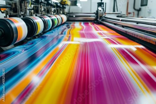 Colorful poster printing press showcasing vibrant designs with large paper rolls in motion