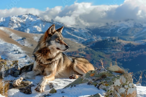 Iberian wolf lying on rocks on a snowy mountain watching while sunbathing on a warm day  wolf  wolf photo