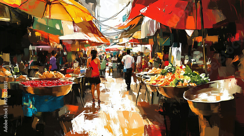 Lively Outdoor Market with Colorful Umbrellas - Urban Scene photo