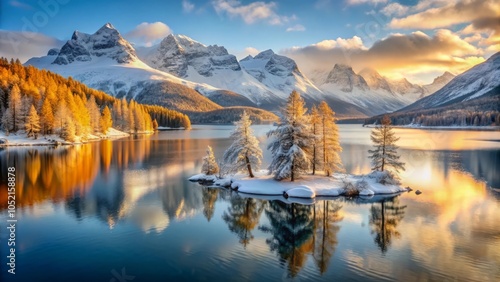 sunrise over the lake, panorama of the mountains and island with reflection of trees in water on the Lake Sils, peaceful winter season landscape, Engadin, Canton Grisons, Switzerland, Europe