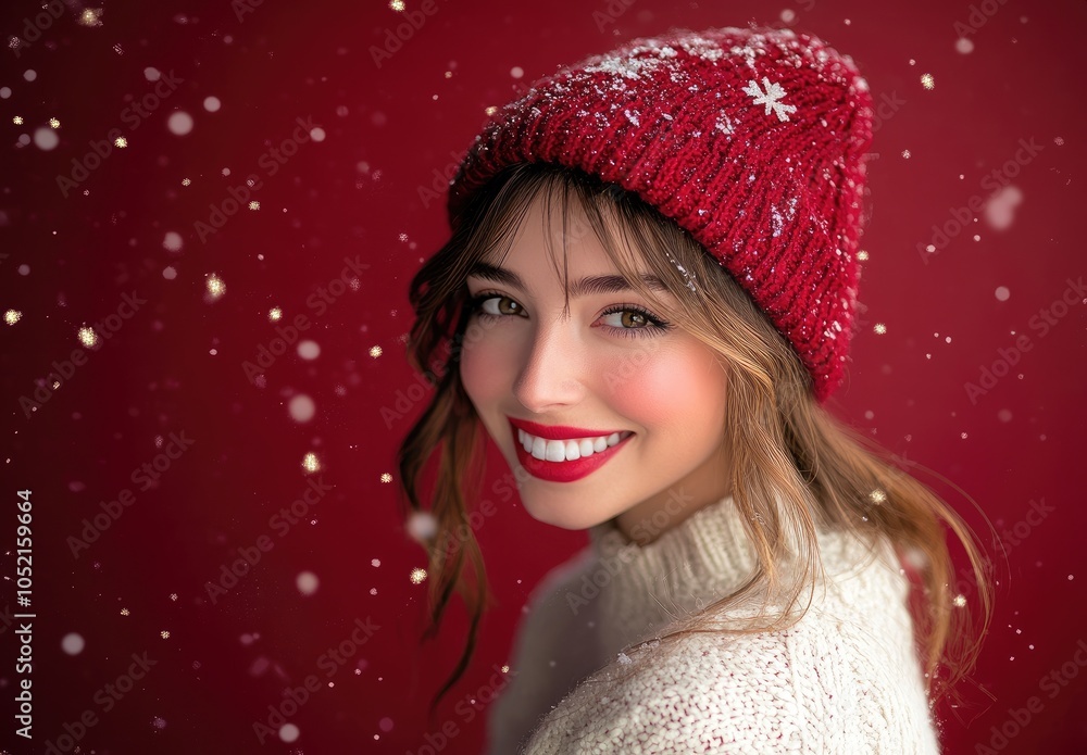 A beautiful woman in a Santa Claus outfit is smiling and posing on a red background A beautiful woman in a Santa Claus outfit is smiling and posing on a red background