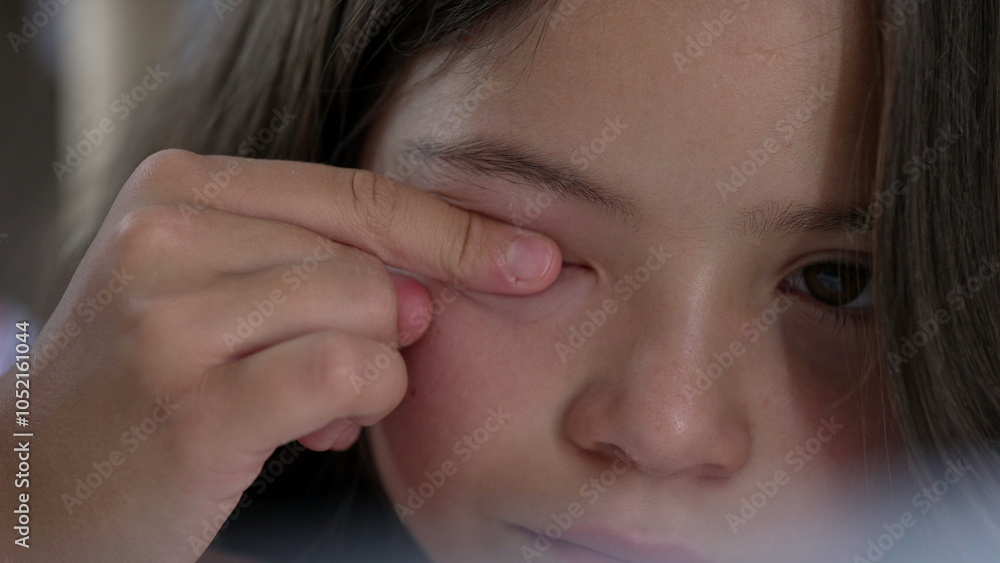 Young girl rubbing her eye with her finger, showing a moment of discomfort or itchiness, as she presses gently on the corner of her eye Young girl rubbing her eye with her finger, showing a moment of discomfort or itchiness, as she presses gently on the corner of her eye
