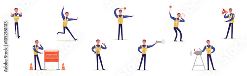 Man Road Policeman in Different Situations Vector Set