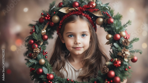 Cute young girl with a festive headband, posing inside a Christmas wreath against a soft background