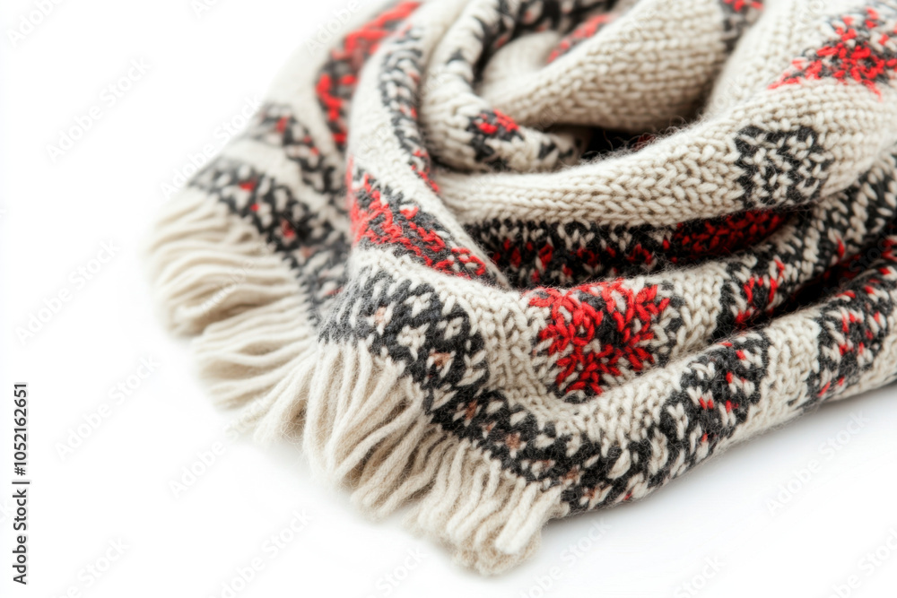 Obraz premium A knitted woolen scarf, cozy winter clothing, intricate patterns, isolated on white background --ar 3:2 --v 6.1 Job ID: ddfe770f-f68b-4329-80e5-301ee1b8aca2
