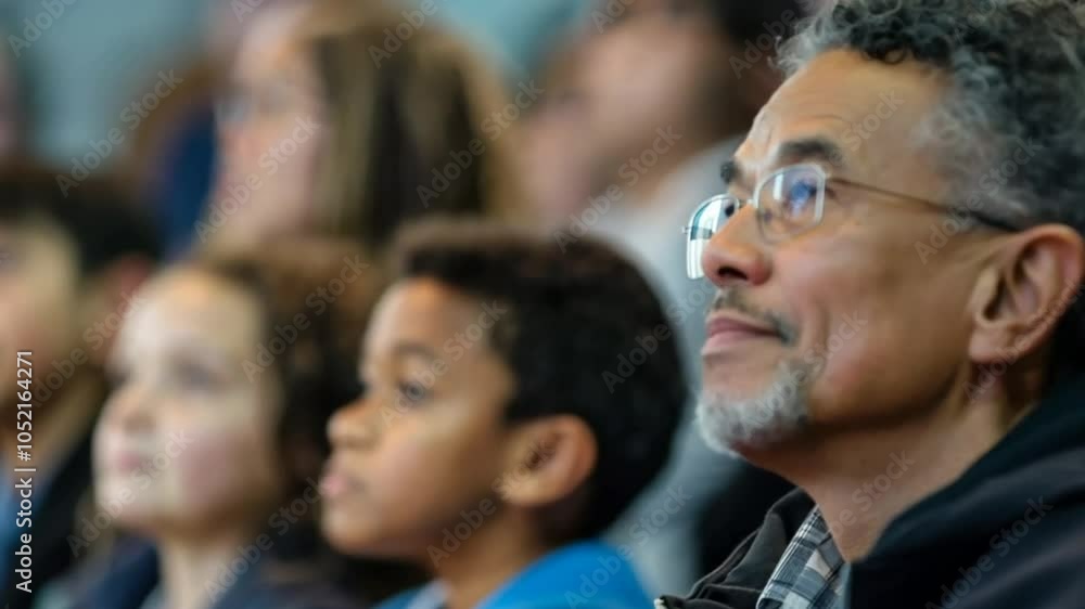 Several individuals are focused intently on the speaker at a community event, showcasing a diverse audience's engagement during an inspiring presentation Several individuals are focused intently on the speaker at a community event, showcasing a diverse audience's engagement during an inspiring presentation