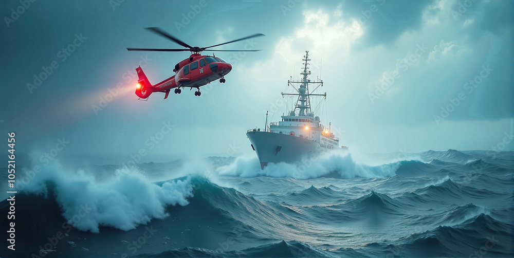 Rescue and supply helicopter for assistance in emergencies on the high seas in stormy waves, emergency air rescue in the event of accidents Rescue and supply helicopter for assistance in emergencies on the high seas in stormy waves, emergency air rescue in the event of accidents