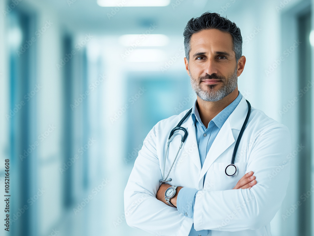 Portrait of male doctor wearing medical uniform and a stethoscope hanging from her neck, stands with his arms crossed, facing the camera, in a hospital corridor with bokeh effect, Generative AI Portrait of male doctor wearing medical uniform and a stethoscope hanging from her neck, stands with his arms crossed, facing the camera, in a hospital corridor with bokeh effect, Generative AI