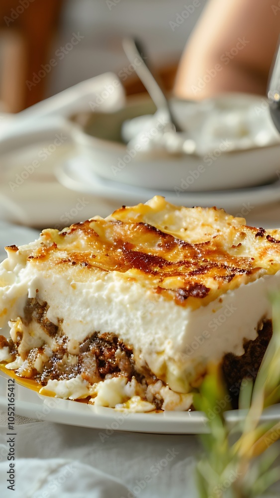 Greek Moussaka with Bread and Olives Greek Moussaka with Bread and Olives