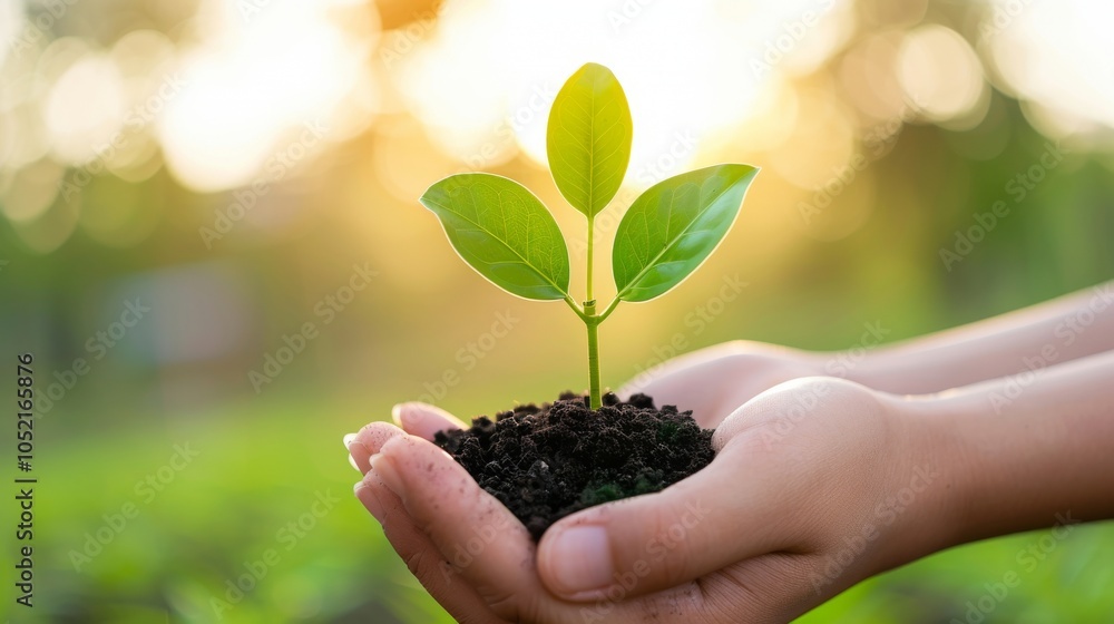 Hands gently holding a young green seedling in rich soil with sunlight background. Hands gently holding a young green seedling in rich soil with sunlight background.