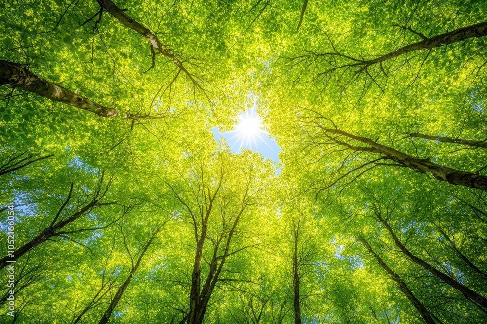 Obraz premium Majestic view from below of a green forest canopy with sunlight streaming through the leaves, showcasing the beauty and tranquility of nature.