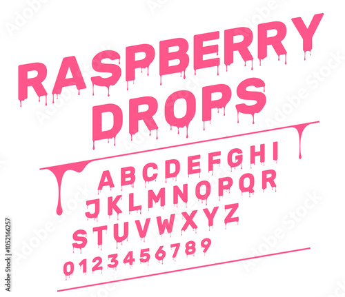 Viscous font. Liquid melting alphabet. Diagonally distorted letters and numbers with dripping drops. Jam or syrup consistency. Uppercase text flat symbols. Vector alphabetical icons set