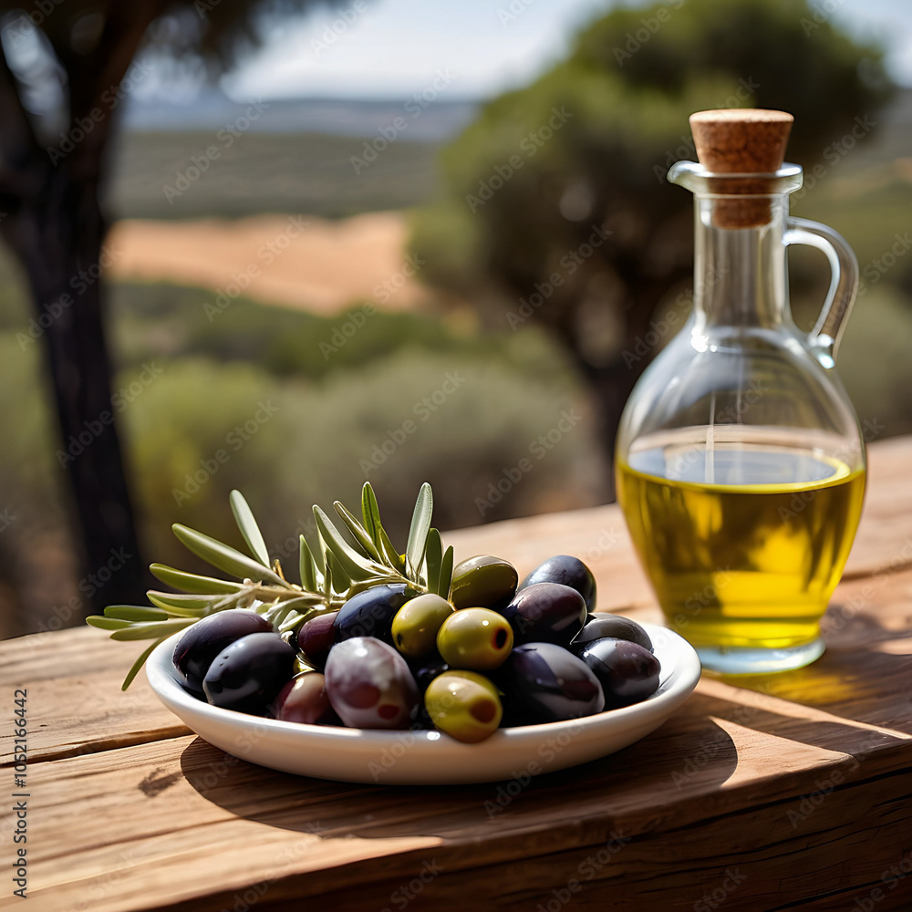 Una botella de aceite de oliva sobre mesa de madera y hojas de tomillo en una almazara Una botella de aceite de oliva sobre mesa de madera y hojas de tomillo en una almazara
