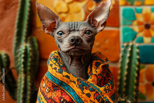 
A unique hyperrealistic image of a Mexican Hairless Dog wearing a traditional poncho with Aztec patterns, standing in front of a colorful adobe wall with cacti and vibrant Mexican tiles