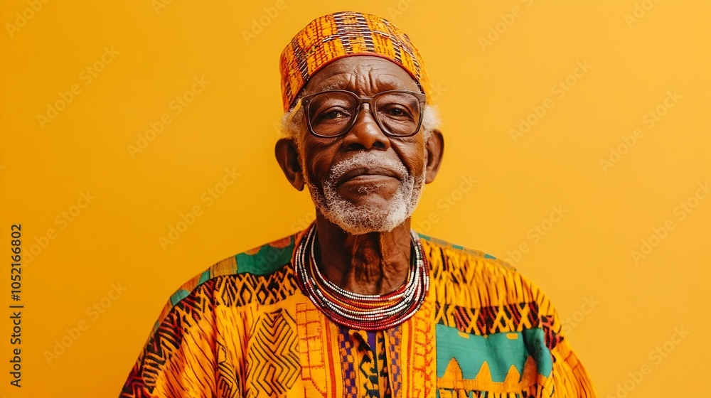 Obraz premium Pensive Elderly African Man Wearing Traditional Dashiki Costume on Vibrant Ochre Background Portrait Shot of Senior Male with Contemplative Expression and Tribal Ethnic Attire