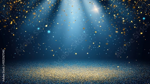 A sparkling stage with light beams and floating particles, creating a festive atmosphere.
