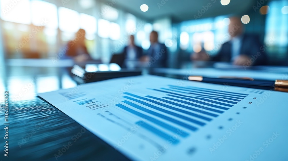 A close-up of a bar graph chart on a table with blurred business people in the background. A close-up of a bar graph chart on a table with blurred business people in the background.