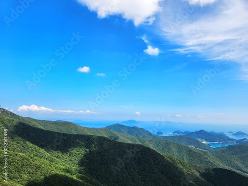 Hallyeohaesang National Park view from Geumsan Mountain. Namhae Geumsan. Boriam Buddhist temple. South Sea overlooking Geumsan, Gyeongsangnam-do, Korea. photo