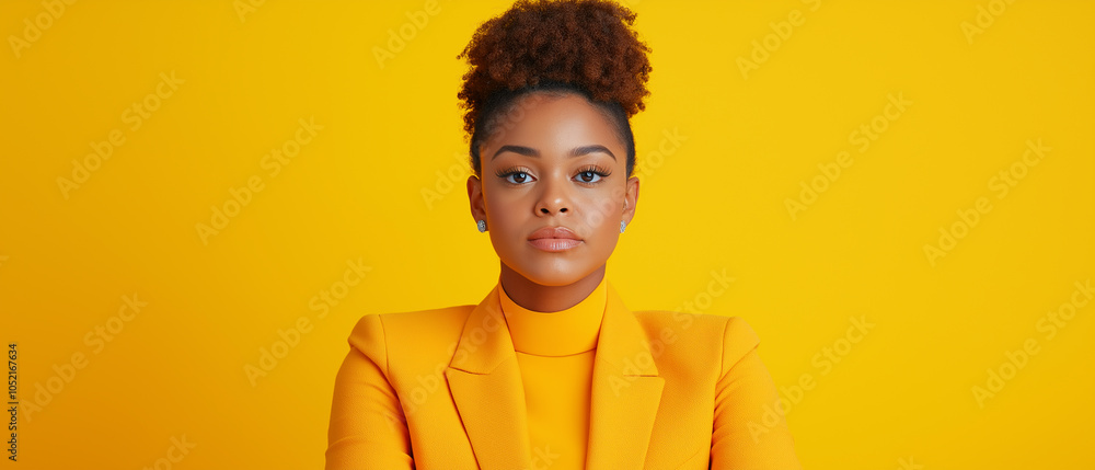 Confident woman in stylish yellow outfit, standing against vibrant yellow background, conveying empowerment and bold fashion sense. Confident woman in stylish yellow outfit, standing against vibrant yellow background, conveying empowerment and bold fashion sense.
