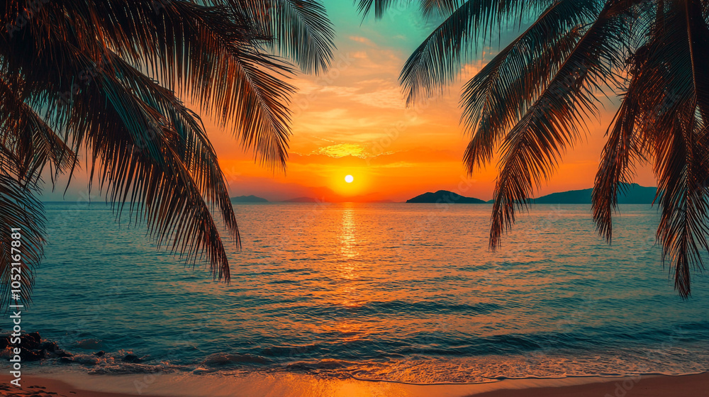 Tropical Sunset Beach with Palm Trees Silhouette and Ocean View Tropical Sunset Beach with Palm Trees Silhouette and Ocean View