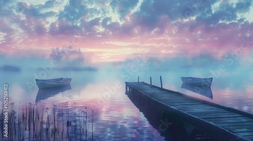 Serene Dawn at Misty Lake, tranquil morning light illuminating pastel skies, rowboats peacefully anchored at the dock, soft mist enveloping the calm waters photo