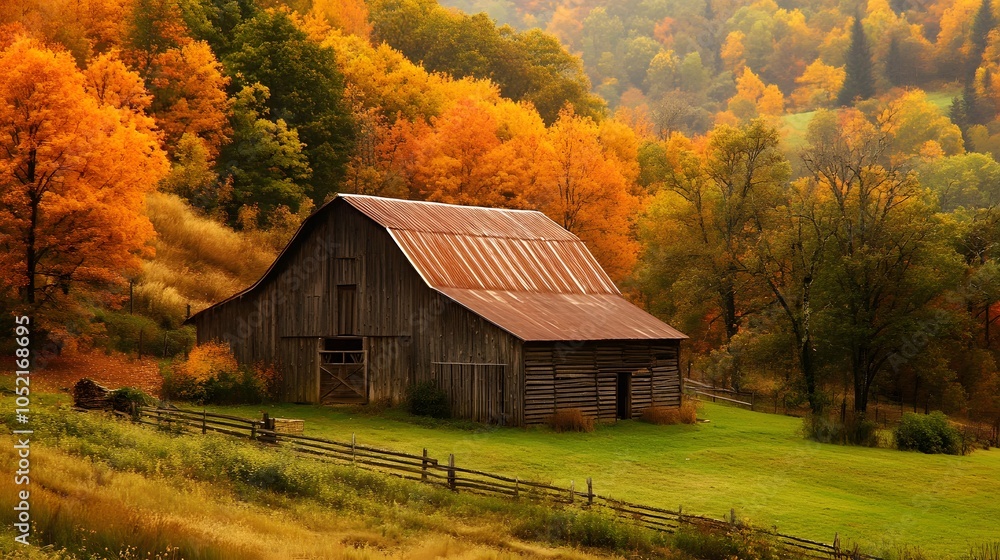 Rustic barn in the countryside surrounded by fall colors Rustic barn in the countryside surrounded by fall colors