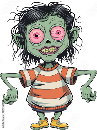 Cartoon Zombie Character with Striped Shirt
Playful cartoon zombie with green skin, wide eyes, and striped shirt. Ideal for Halloween themes, spooky designs, and horror illustrations.