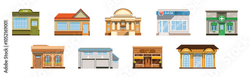 City Street Architecture and Building Front View Vector Set
