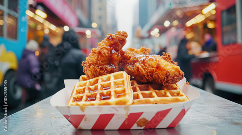 Busy New York City Food Truck Scene with Fresh Waffles photo